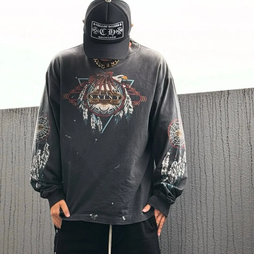 SAINT Mxxxxxx x TEFLON DISCO SAINT DISCO ML_LS TEE/BLK Eagle Feather Spider Web Distressed Long Sleeves, Washed Black S-XL, Ready-made Assute Dyeing, Water Spray Fading Treatment, Customized TEFLON DISCO co-branded accessories, Hand-splashed ink, Wormhole fraying treatment, Authentic level printing process